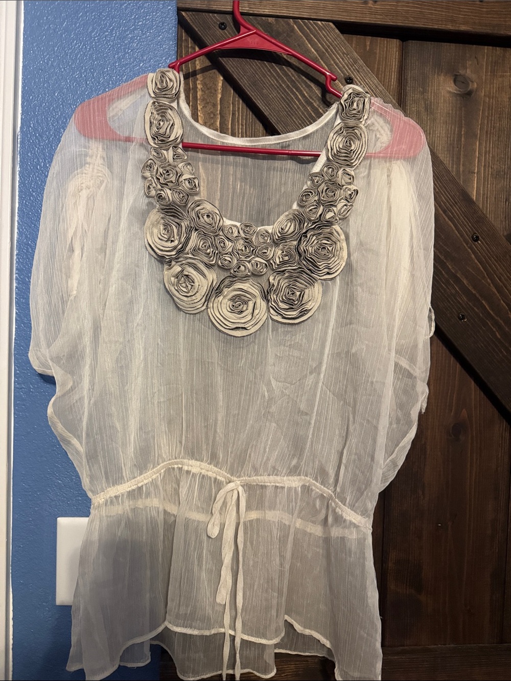 Love Culture Cream Sheer Peplum Top with Floral Neck Applique